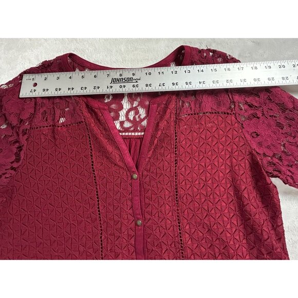 Lucky Brand Womens Burgundy Lace Button Down Tunic Top Shirt XL 3/4 Sleeve Boho - Picture 7 of 9